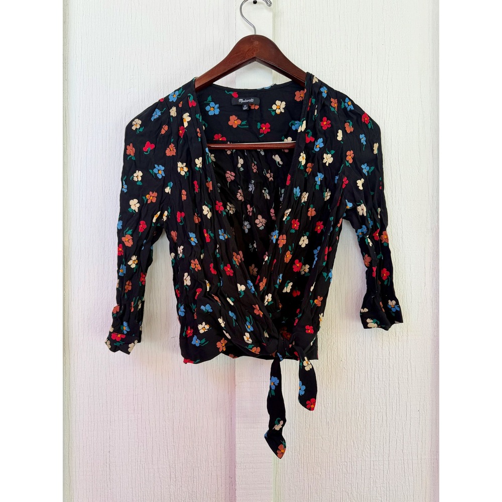 Madewell Womens XS Black Floral Wrap Tie Side Shawl Top 3/4 Ruffle Sleeve Blouse